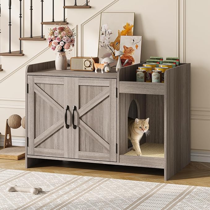 Halitaa Cat Litter Box Enclosure, Hidden Litter Box Furniture with Scratch Pad and Storage, Modern Indoor Cat House with Divider, Side End Table, Grey - Image 5