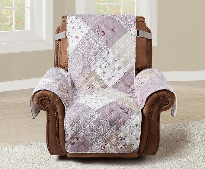 Brilliant Sunshine Lilac & Beige Roses Couch Recliner Cover, 28" seat | Patchwork Design, Non Slip Sofa Cover, Furniture Protector, Large Washable Reclining Chair Slipcover for Pets, Dogs & Cats - Image 2