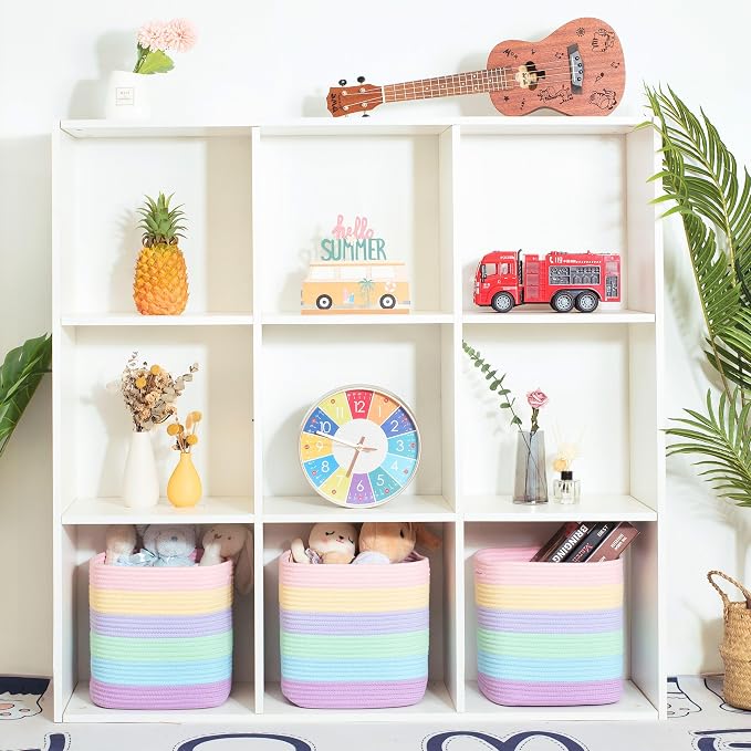 MINTWOOD Design 3-Pack 11x11in Woven Cube Storage Bin and Shelf Baskets, Cute Decorative Square Organizer for Closet, Classroom, Bathroom, Dog and Cat Toys, and Books, Pastel Rainbow - Image 2
