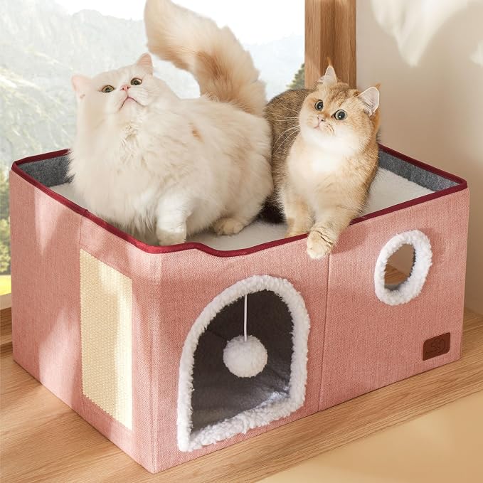 Bedsure Extra Wide Cat House Bed with Fluffy Ball and Scratch Pad,Pink | 23.6x16.9x13 in,Indoor Cat Cave for Multiple Pets, Foldable Cat Hideway Cube for Sleeping Large Cat and Kitten - Image 9