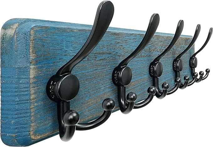 Dseap Coat Rack Wall Mount - Heavy-Duty Robust Barnwood-Style Wooden Wall Coat Hanger Hook Rail with 5 Triple Hooks for Winter Coats Hat Jacket Clothing, Weathered Blue & Black by Dseap