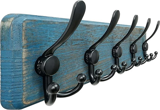 Dseap Coat Rack Wall Mount - Heavy-Duty Robust Barnwood-Style Wooden Wall Coat Hanger Hook Rail with 5 Triple Hooks for Winter Coats Hat Jacket Clothing, Weathered Blue & Black by Dseap
