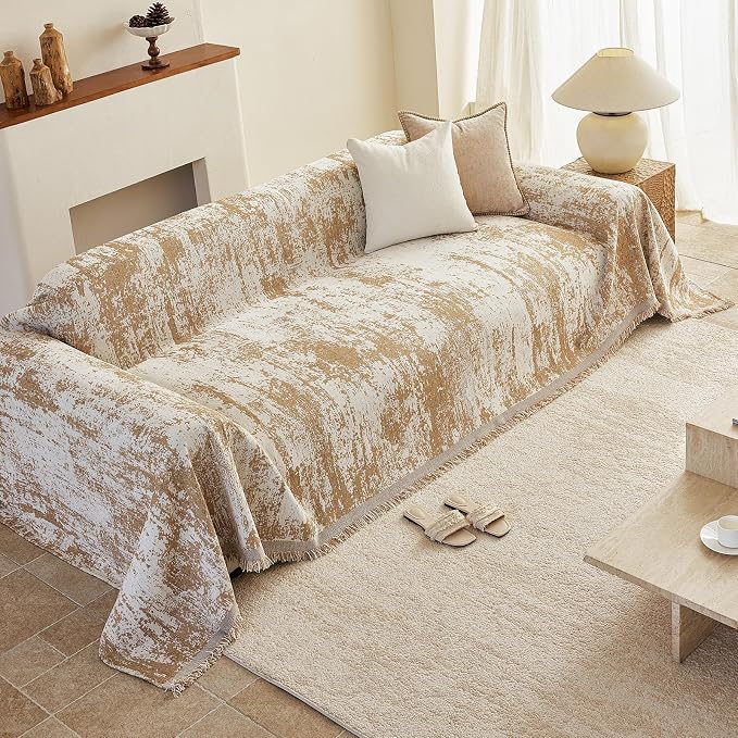 VClife Boho Couch Cover, Non Slip Soft Couch Covers for 3-4 Cushion Couch Sofa Pet Friendly, Irregular Vintage Khaki Off-White Scraped Texture Furniture Protector Sofa Slipcover for Dog, 71" X 150" - Image 7