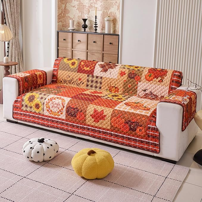 EVENHUG Fall Sofa Cover for Festival Home Decorations Thanksgiving Slipcover Furniture Protector Washable Couch Cover with Non Slip and Elastic Straps for Kids Pets Dogs (Sofa) - Image 2