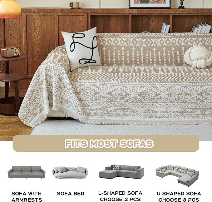 MEETSKY Boho Couch Cover Sofa Slipcover for Sectional Sofa Covers Protector Universal Use Chenille Blend Thick Fabric Washable, Modern Design Sofa Throw Cover for Living Room, 71" x 118", Khaki - Image 7
