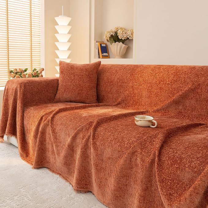 Burnt Orange Soft Thick Slub Chenille Couch Cover XXL 71x150 in | for All Shape Sofa Couch Furniture Protector, Orange Sofa Slipcover Protector for Dogs Pets Kids - Image 5
