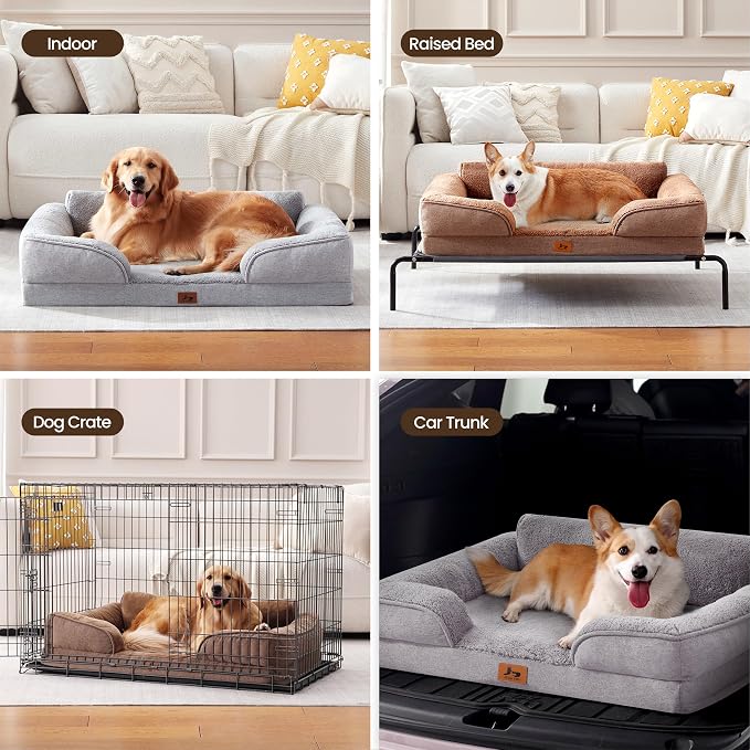 XL Orthopedic Dog Bed for Large Dogs, Waterproof Egg-Crate Foam Pet Couch Bed with Sided Soft Bolsters, 42"x32" Supportive Non-Slip Dog Sofa with Removable Washable Cover, Light Gray - Image 4