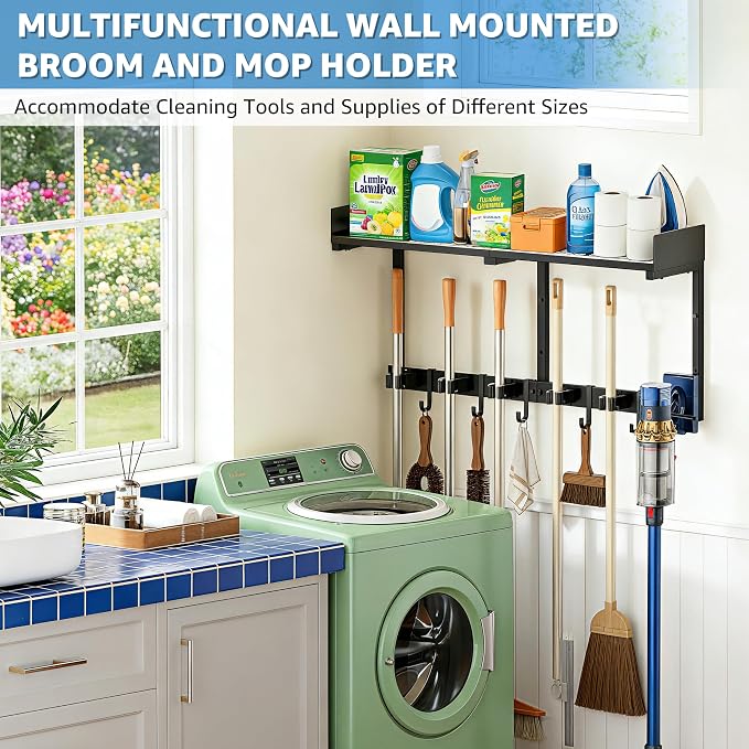 27" Mop and Broom Holder Wall Mount with Top Storage Shelf & Hooks,Black | Mop Hanger Wall Mount, 5 Grippers, 5 Hooks, Wall Organizer For Laundry Room, Garage And Kitchen - Image 2