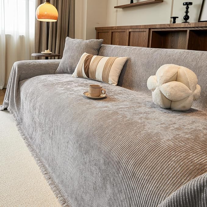 Gray Boho Couch Covers for Sofa Washable for 2 Cushion Couch,71''X118'' | Chenille Furniture Protector Sofa Couch Cover for Dogs, Soft Breathable Sofa Slipcover, Couch Throw Blankets with Tassels - Image 2