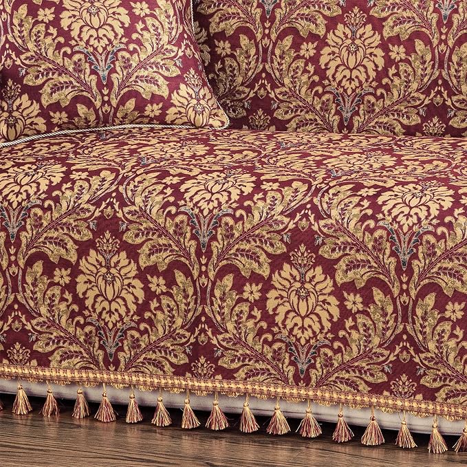 Loom and Mill Luxury Damask Sofa Couch Covers, Burgundy Red, 71" x118 | Elegant Jacquard Sofa Throw Cover with Tassels for 2-3 Cushion Couch, Sectional Couch Cover Sofa Slipcover for Dogs Pets - Image 5