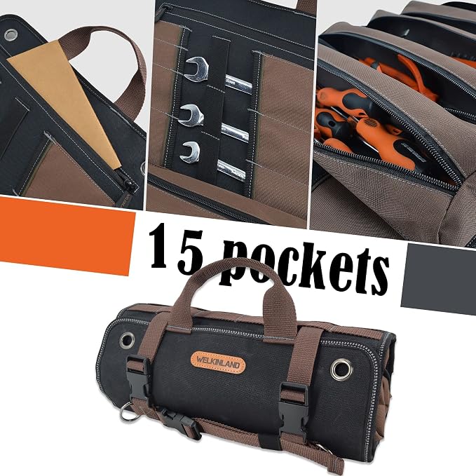 WELKINLAND Heavy-Duty Waxed Canvas Tool roll, 15-Pockets Tool Wrap Roll, 15L Tool Up Roll Bags, Tool Bag Roll, Tool roll organizer, Roll up tool bag organizer - Image 3