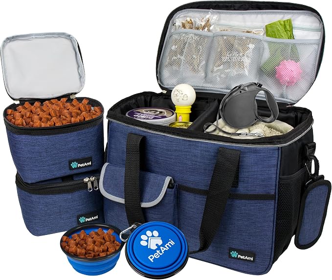 PetAmi Dog Travel Bag Organizer, Pet Travel Kit with 2 Food Containers & 2 Collapsible Dog Bowls, Pet Supplies Tote with Luggage Sleeve, Weekend Road Trip Camping Essentials, Navy Blue, Medium by PetAmi