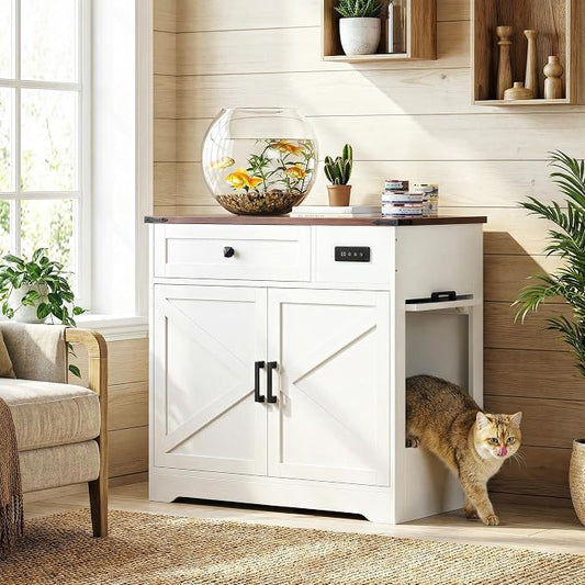 LIKIMIO 31.5" Cat Litter Box Enclosure with LED Odor Control | LED odor-control system under 30dB. Hinged cat entrance. Storage drawer. 31.5"L x 19.7"W x 31.3"H. by LIKIMIO