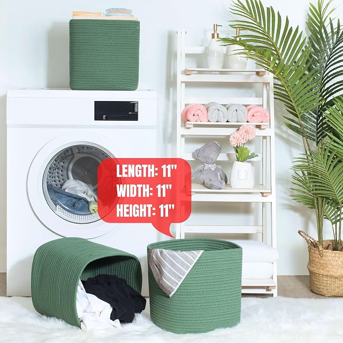 MINTWOOD Design 3-Pack 11x11 Inch Cube Storage Bin, Woven Storage Cube Organizer, Closet Organizer, Cute Square Storage Bins, Decorative Classroom Bathroom Pantry and Shelf Baskets, Green - Image 7