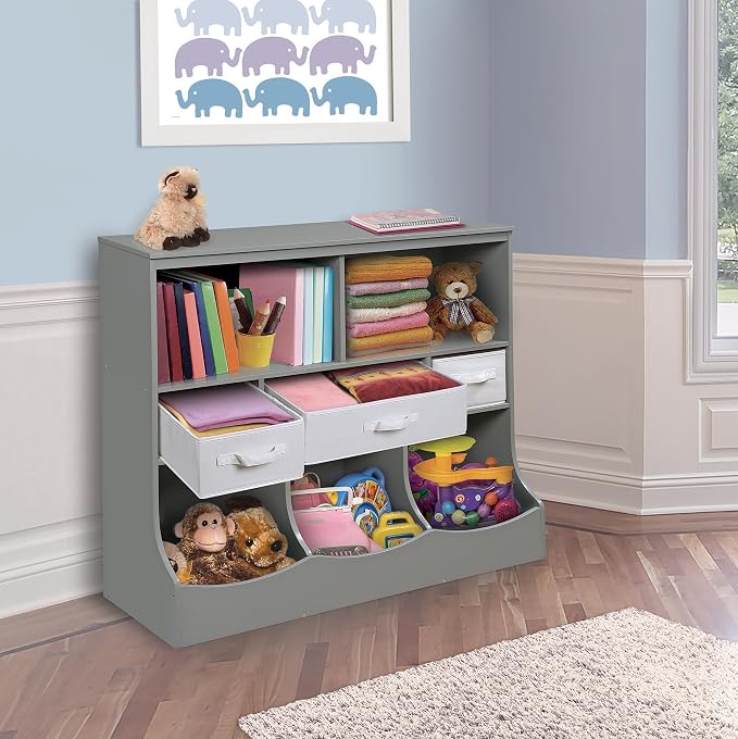 Badger Basket Combo Toy Storage Organizer and Bookshelf - Kids Storage Unit with 3 Removable Baskets, Open Shelves, Top Display Surface - Gray - Image 5