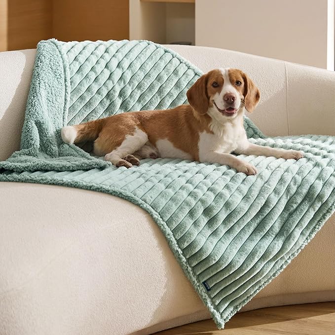 Bedsure ComfyFleece™ Waterproof Dog Blankets for Large Dogs,40x50 | Soft Plush Couch Cover,Washable Corduroy Fleece for Furniture Protector,Cozy Calming Reversible Pet Blanket, Garden Green by BEDSURE