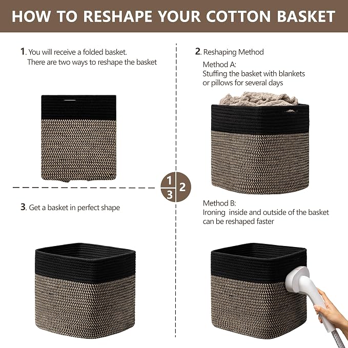 joybest 11inch Cube Storage Bins, Cotton Rope Woven Organizer Basket | Set of 4 Cube Bin Square Shelves Organizer Closet Storage, Nursery, Toy Organization, Black&Dark Brown - Image 7