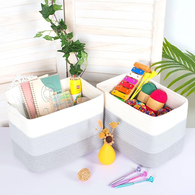 MINTWOOD Design 3-Pack Storage Baskets for Shelves, Playroom and Classroom, Book Basket, Decorative Storage Cube Bins, Woven Closet Organizers, Pantry and Shoe Organizer, 3-Tone Grey - Image 5