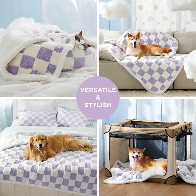 LE SURE Waterproof Dog Blankets for Small Dogs Cute Cozy 3D Jacquard,25x35 | Puppy Blanket for Cat Aesthetic Gift, Warm Soft Sherpa Throw Washable, Reversible Pet Couch Protector, Lavender Checks - Image 5