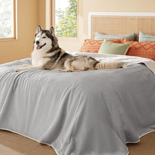 Bedsure Waterproof Blanket for Bed Soft Sherpa Fleece Throw,King 108"x86" | Plush Cozy Calming Reversible Dog Blankets for Large Senior Dogs,Warm Bed Couch Cover,Pet Furniture Protector,Light Grey by Unknown
