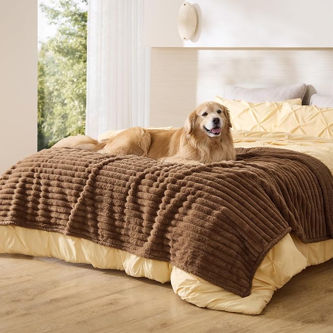 Bedsure ComfyFleece™ Waterproof Blanket for Bed, Twin（60"x80"） Camel Brown | Soft Plush Couch Bed Cover Corduroy Fleece for Furniture Protector, Cozy Calming Reversible Dog Blankets for Large Dogs Pet by BEDSURE