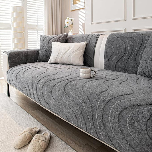 Couch Cover for Dogs, Velvet Fleece Non-Slip Sofa Covers Washable | Sofa Slipcovers for 2 Cushion Couch, Furniture Protector for Pet, L Shaped Sectional Couch Cover Wavy Grey, 36"X47" (1 Pcs) by KaviKon