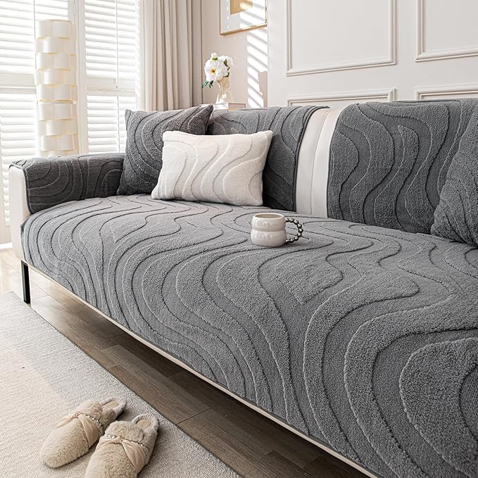 Couch Cover for Dogs, Velvet Fleece Non-Slip Sofa Covers Washable | Sofa Slipcovers for 3 Cushion Couch, Furniture Protector for Pet, L Shaped Sectional Couch Cover Wavy Grey, 36"X83" (1 Pcs) by KaviKon