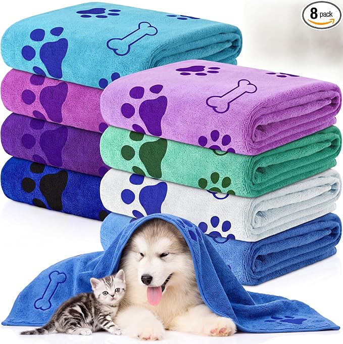Chumia 8 Pcs Microfiber Dog Towels for Drying Dogs Cats 40 x 24 Inch Pet Towels Bulk for Large Puppy Absorbent Fast Drying Paw Bath Bathing Supplies for Pets(Dog Paw and Bone,Classic Color) by Chumia