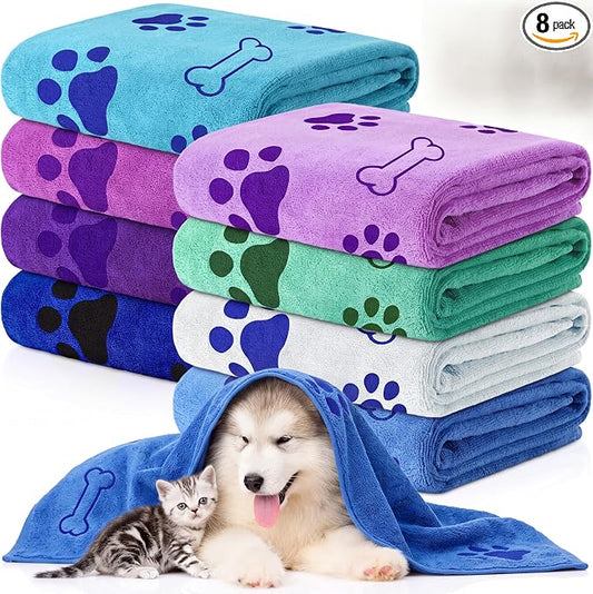 Chumia 8 Pcs Microfiber Dog Towels for Drying Dogs Cats 40 x 24 Inch Pet Towels Bulk for Large Puppy Absorbent Fast Drying Paw Bath Bathing Supplies for Pets(Dog Paw and Bone,Classic Color) by Chumia