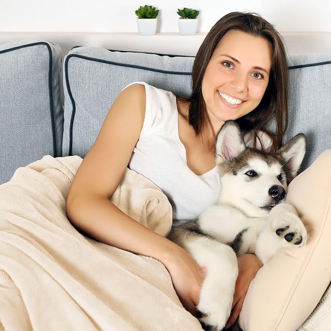 Waterproof Pet Blanket - 50x60-Inch Reversible Sherpa Fleece Throw Protects Couches, Cars, and Beds from Spills, Stains, and Fur by PETMAKER (Cream) - Image 5