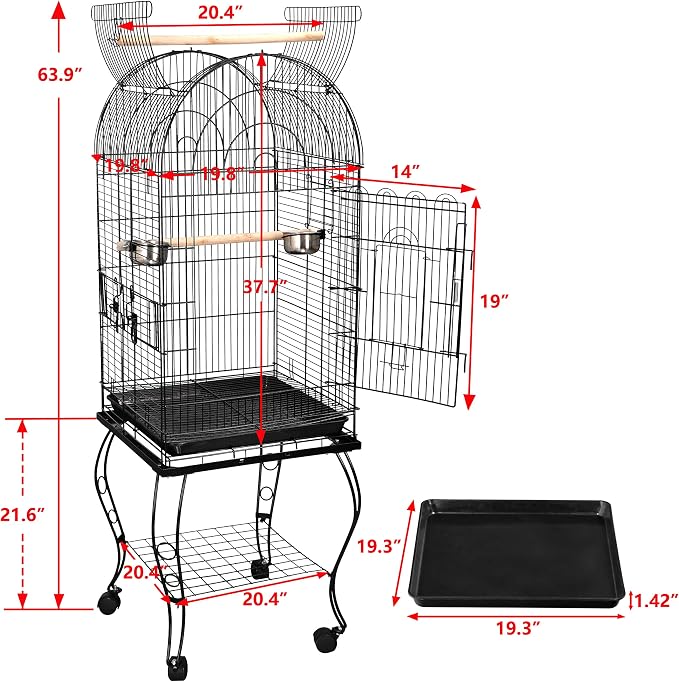 ZENY 63.5 Inch Open-Top Birdcage, Wrought Iron Bird Cage with Slide-Out Tray + Detachable Rolling Stand, Pet Parrot Cage for Parakeets Cockatoo Cockatiels, Play-Top Birdcage - Image 7