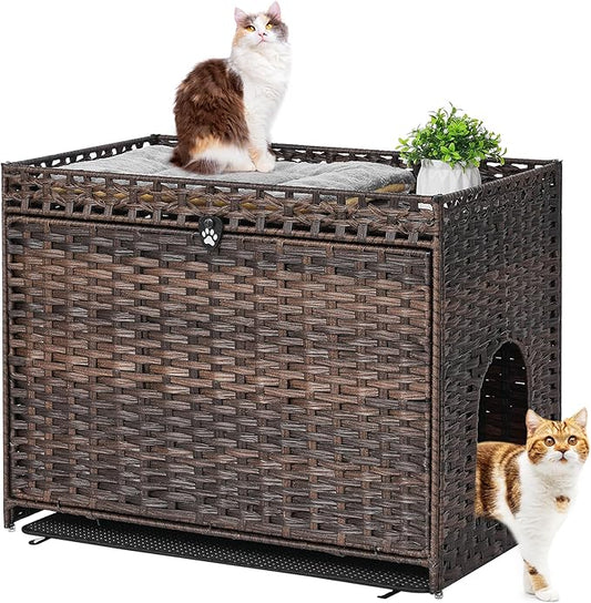 Cat Litter Box Enclosure with Door, Hidden Cat Washroom Furniture | Handwoven PP Wicker; Soft Litter Mat Included; Spacious Interior; Furniture-Style Design; Indoor Home Décor by Catlitterboxenclosure