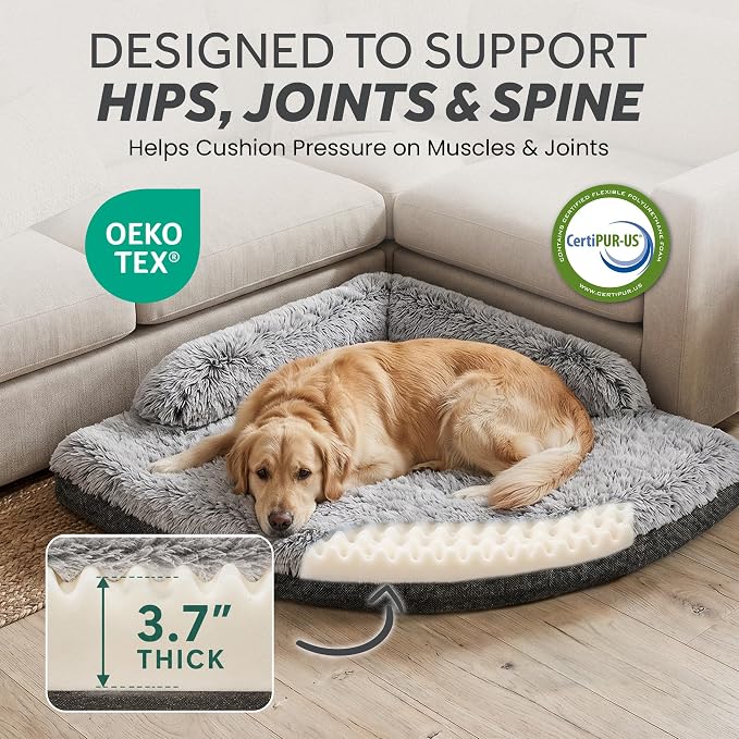 Corner Dog Bed Large, 39" Calming Fluffy Orthopedic Pet Beds, Grey | Space saving plush corner nest,egg-crate foam, washable cover, waterproof liner, non-slip bottom and bolsters for large dogs - Image 3