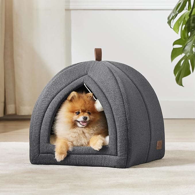 Bedsure 2in1 Cat Beds for Indoor Cats Cave for Kitten with Washable Pillow | 17.3in, Cat House Enclosed, Covered Cat Tent, Foldable Hideaway, Fluffy Ball, Anti Slip Bottom,Removable Cushioned ,Dark Grey - Image 2