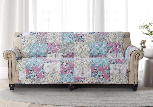 Brilliant Sunshine Lilac and Egg Blue Rose Toile Loveseat Cover, 54" seat | Traditional Patchwork Design, Non Slip Sofa Cover, Quilted Furniture Protector, Large Washable Love Seat Slipcover for Pets by BrilliantSunshine