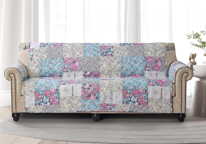 Brilliant Sunshine Lilac and Egg Blue Rose Toile Couch Cover, 70" seat | Traditional Patchwork Design, Non Slip Sofa Cover, Quilted Furniture Protector, Large Washable Slipcover for Pets, Dogs by BrilliantSunshine