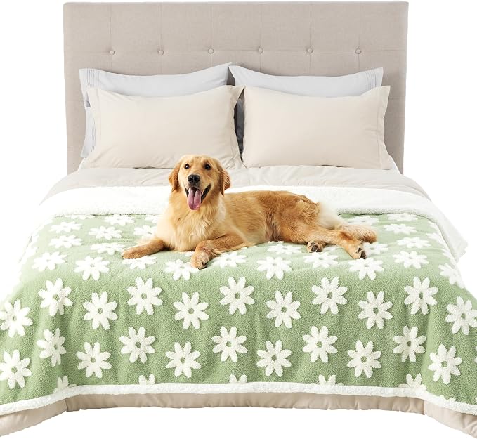 LE SURE Waterproof Blanket for Bed Cute Cozy 3D Jacquard, Twin（60x80） | Dog Blankets for Large Dogs, Pet Aesthetic Gift, Warm Soft Sherpa Throw, Reversible Couch Protector, Flower Garden Green - Image 6