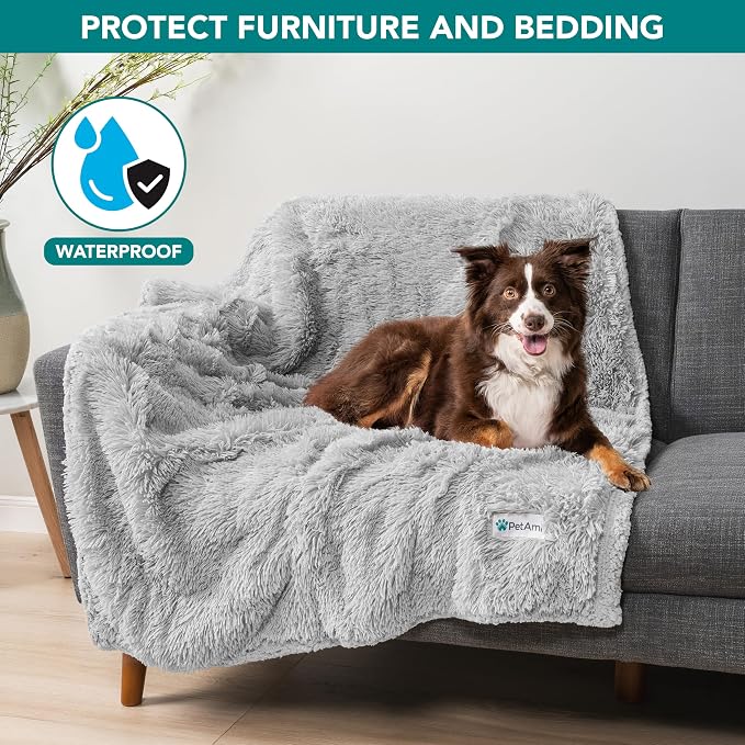 PetAmi Waterproof Dog Blanket for Couch, Bed & Furniture,Reversible Sherpa & Faux Fur Pet Blanket, Leakproof Pet Blanket for Large Dog Cat, Washable Soft Calming Protector Throw (60x80, Light Gray) - Image 2