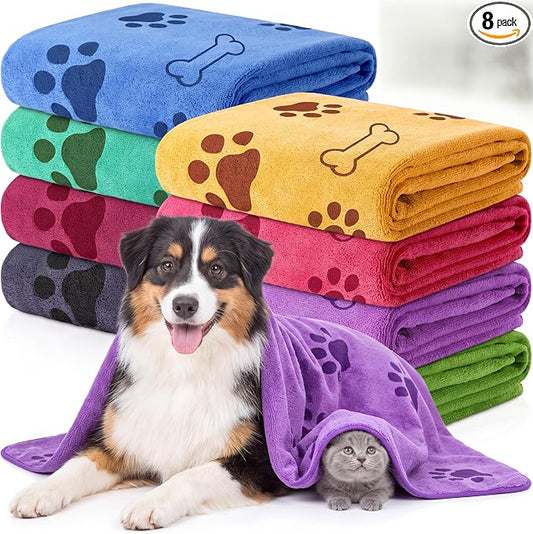 Chumia 8 Pcs Microfiber Dog Towels for Drying Dogs Cats 40 x 24 Inch Pet Towels Bulk for Large Puppy Absorbent Fast Drying Paw Bath Bathing Supplies for Pets(Dog Paw and Bone, Colorful) by Chumia