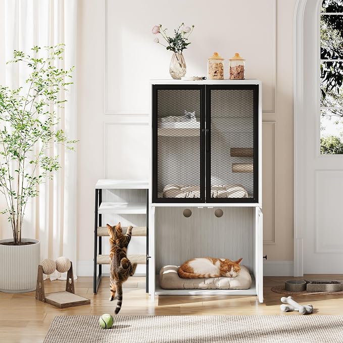 GarveeLife Cat Litter Box Enclosure with Doors, Double Cat House with Storage Space, Enclosed Litter Box Furniture with Ladder, Retro White - Image 7