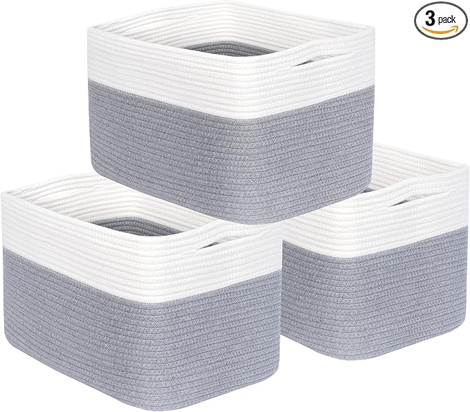 MINTWOOD Design 3-Pack Storage Baskets for Shelves, Playroom and Classroom, Book Basket, Decorative Storage Cube Bins, Woven Closet Organizers, Pantry and Shoe Organizer, Grey by MINTWOODDesign