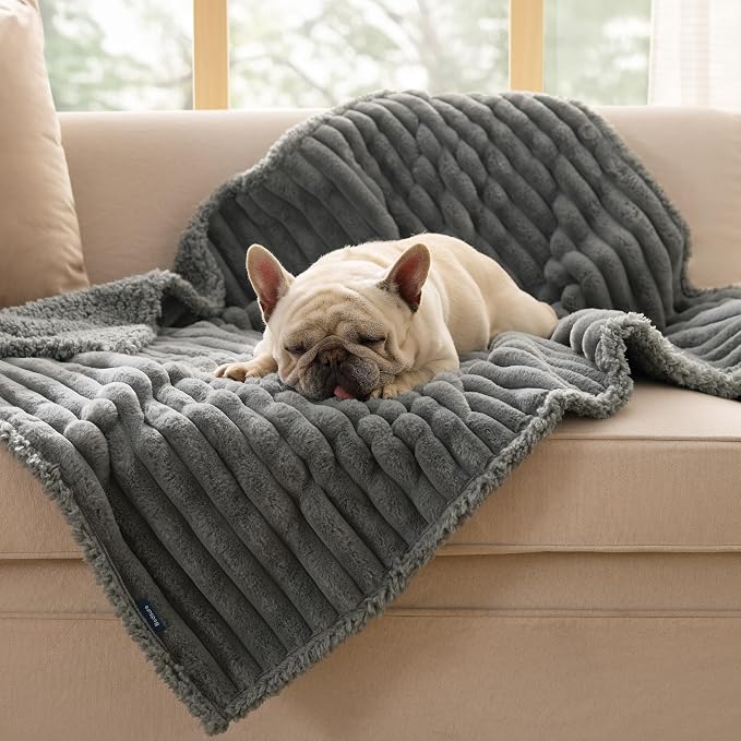 Bedsure ComfyFleece™ Waterproof Dog Blankets for Medium Dogs 30"x40" | Soft Plush Puppy Cat Blanket, Washable Corduroy Fleece,Cozy Calming Reversible Furniture Protector Indoor for Pet, Warm Grey - Image 8