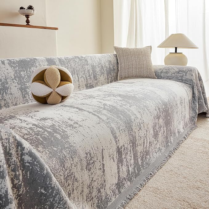 VClife Boho Couch Cover, Non Slip Soft Couch Covers for 2 Cushion Couch Sofa Pet Friendly, Irregular Vintage Light Grey Off-White Scraped Texture Furniture Protector Slipcover for Dog, 71" X 118" - Image 7