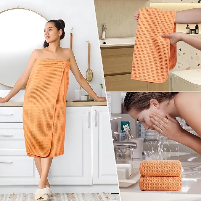 POLYTE 430 GSM Microfiber Quick Dry Lint Free Oversize Bath Towel Set, 6 Piece (Waffle Weave) - Image 5