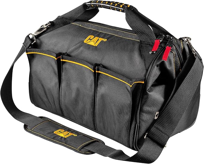 CAT 16-Inch Pro Wide Mouth Tool Bag, 18 Pockets for Tool Storage and Organization, Premium 1680D Water-Resistant Polyester Weave, Adjustable Shoulder Strap - 240044 by Unknown