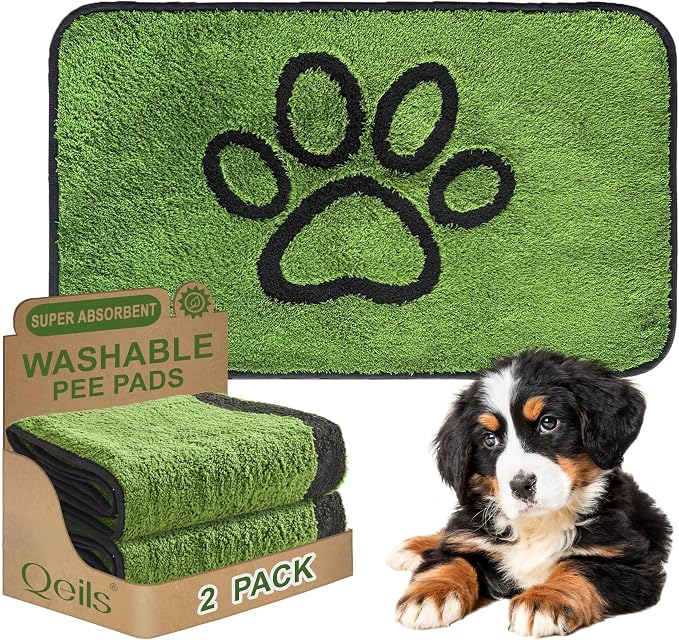 Qeils Reusable Dog Pee Pads, Washable Puppy Pads, Leak-Proof 18"x30" 2 Pack | Super Absorbent And Non-Slip Potty Training Pads, Soft Paw Print Plush Design, Ideal For Crates, Couch, Car Seats & Pet Beds by Qeils