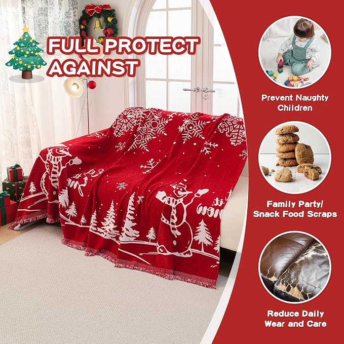 MEETSKY Christmas Sofa Cover Couch Covers for 2 Cushion Couch Sofa, Washable Couch Cover Blanket with Tassel for Living Room Sectional Sofa Slipcovers for Dogs Large Couch Protector, 71" x 118", Red - Image 2