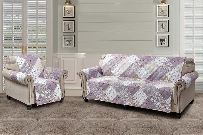 Brilliant Sunshine Lilac & Beige Roses Loveseat Cover, 54" seat | Non Slip Sofa Cover, Patchwork Design, Quilted Furniture Protector, Large Washable Love Seat Slipcover for Pets, Dogs & Cats - Image 2