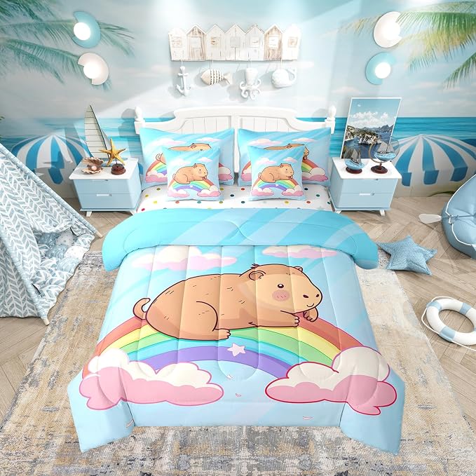 Erosebridal Cute Capybara Comforter Set with Sheets Twin Size for Kids, Rainbow Bed in A Bag for Bedroom, Kawaii Aninal 7-Piece Bedding Set, Cartoon Cloud Bed Sets by Erosebridal