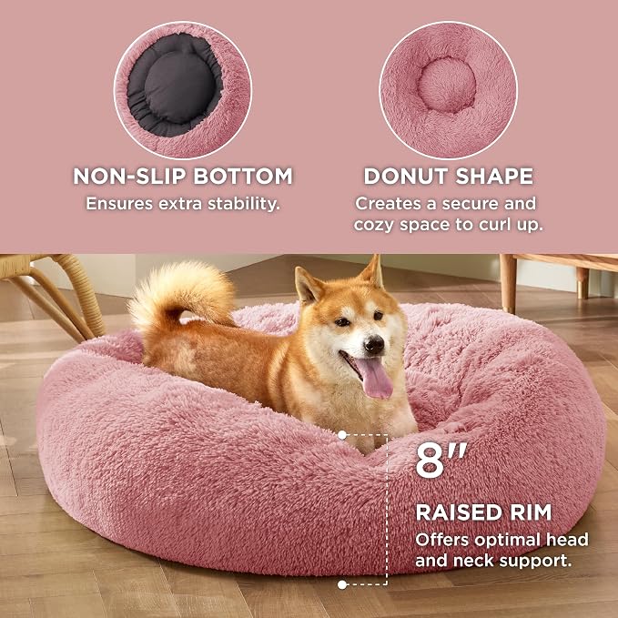 Bedsure Calming Dog Bed Medium Size Dog Donut Washable Pet Bed,30ins | Fluffy Faux Fur Round Cuddler,Machine Washable,Anti-Slip Bottom,Anti-Anxiety,Deep Sleeping for Pets Up to 45 Lbs,Mauve Blush - Image 3